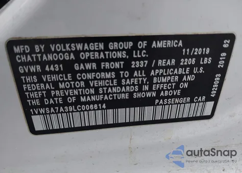 2020 Volkswagen Passat 2.0T Se z USA, uszkodzony, nr VIN 1VWSA7A39LC006614